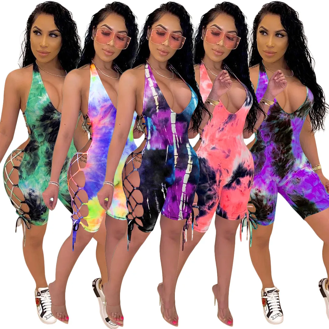 

JY037 Wholesale sexy ladies rompers sleeveless one piece tie dye short bodycon halter backless cross jumpsuits, Picture