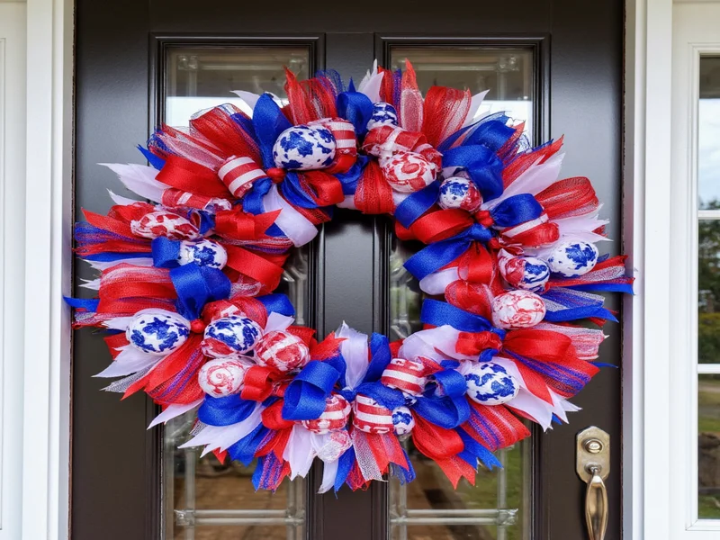 Patriotic ribbon wreath with red white and blue streamers on front door