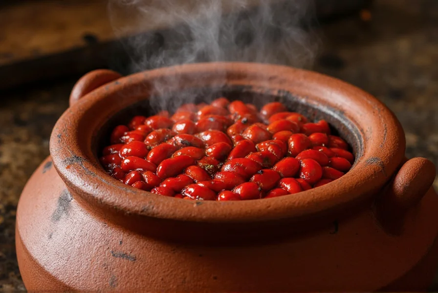 Traditional Mexican cazuela clay pot filled with red chili, showing authentic handcrafted texture and steam rising from the surface