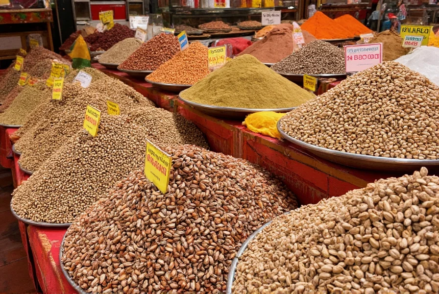 Traditional Indian spice market displaying various cardamom varieties alongside other spices