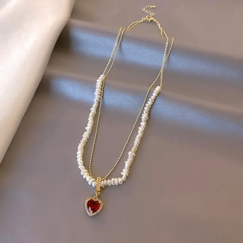 

Vershal B232 Vintage 18k Gold Plated Classic Pearl Beaded Zircon Red Heart Pendant Necklace