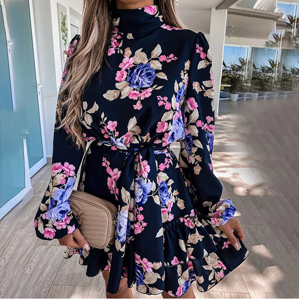 

Flower Print Women Autumn Dress Casual Ruffles Long Sleeve Boho A-Line Short Dress Elastic Waist 2022 New Elegant Party Vestidos