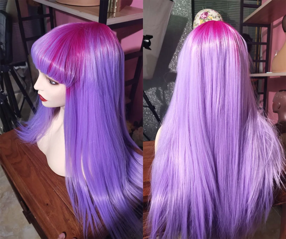 

NEW Arrival Rose Red Ombre Light Purple Long Straight Synthetic Wig Full Machine Made Glueless Heat Resistant fiber no lace wig
