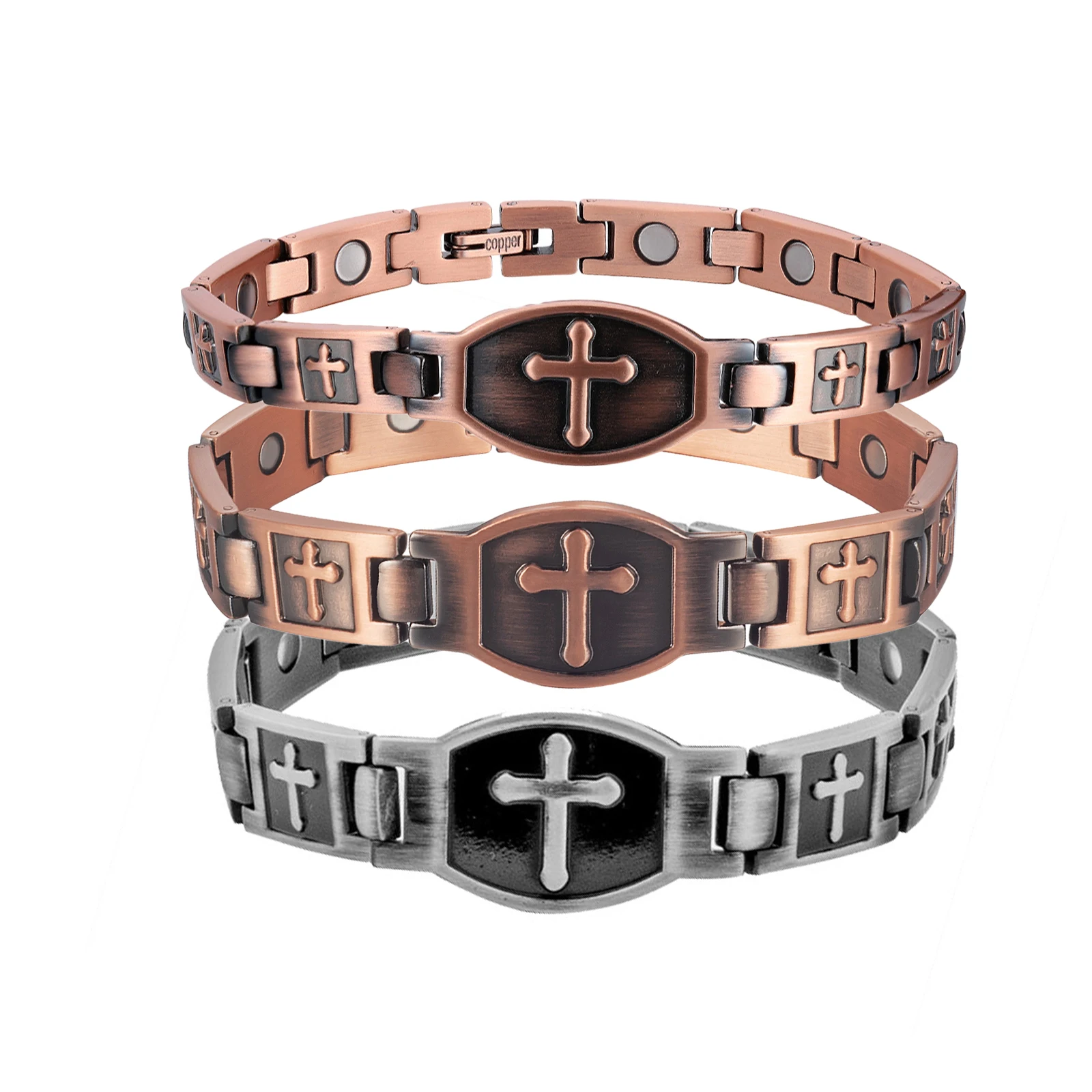 

Wollet Solid Copper Christian Jewelry Strong Magnetic Copper Jesus Cross Bracelets For Couple
