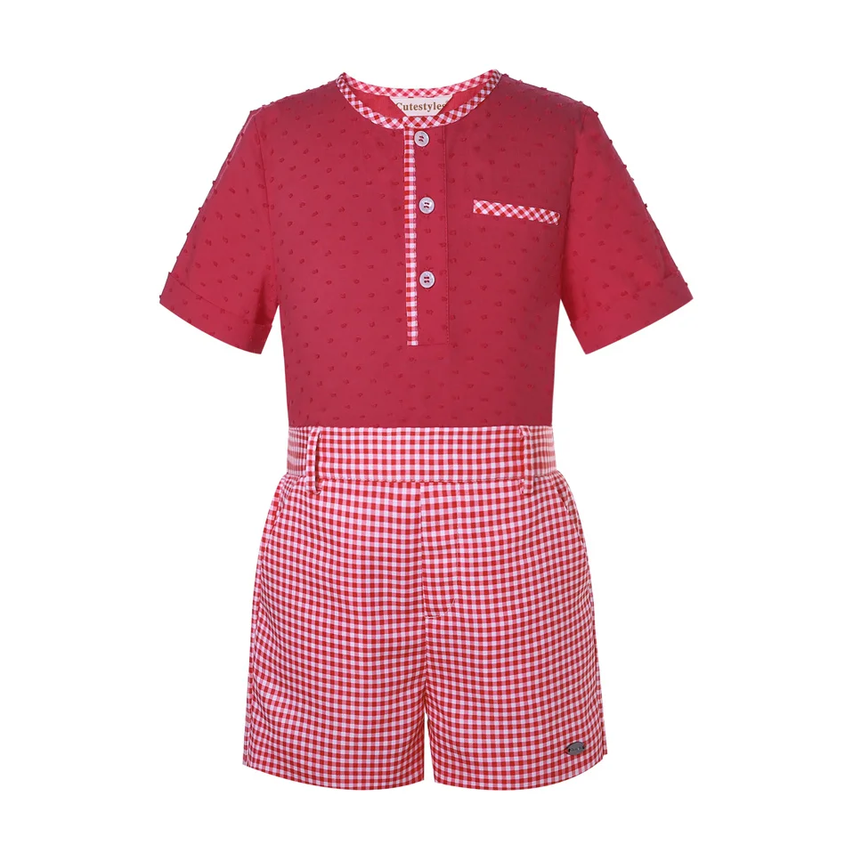 

Pettigirl Wholesale Children Costume Boy Sets Red Shirt plaid Shorts Clothes For Kids Summer Clothing 2022 Boutique 2 3 4 5 6 8Y