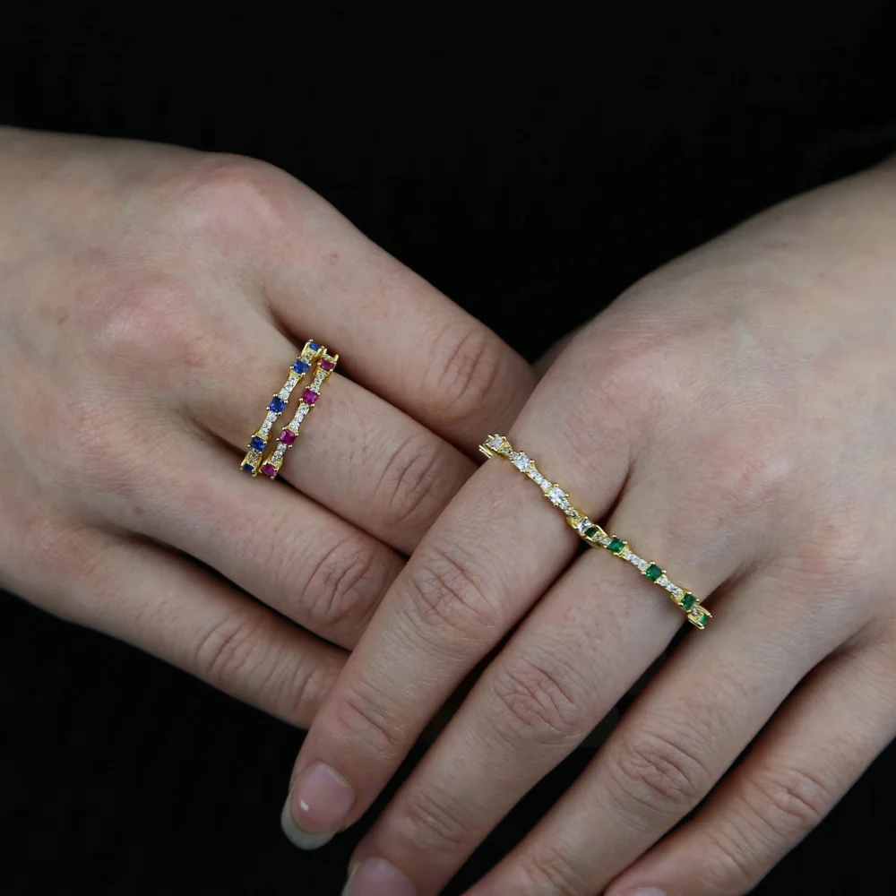 

Wholesale women lady tiny band ring with red blue green white cz paved finger rings for women lady wedding jewelry