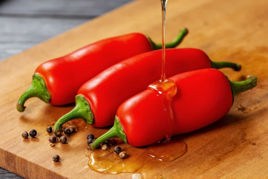 Close-up of honey drizzling over fresh pimento peppers and black peppercorns on wooden cutting board