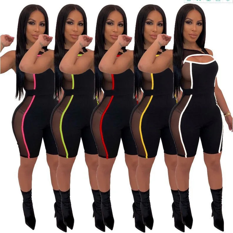 

Side striped hollow out elegant solid color rompers Sexy fashion bodycon onepiece women's jumpsuit, White/yellow/red/bright green/pink