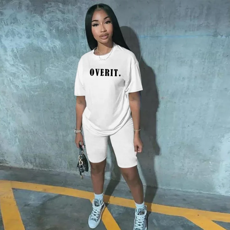 

Classic Letter Print Summer Solid Color 2 Piece Outfits Shorts Sets 2020 For Women, White,black,red,pink,fluorescent green,orange
