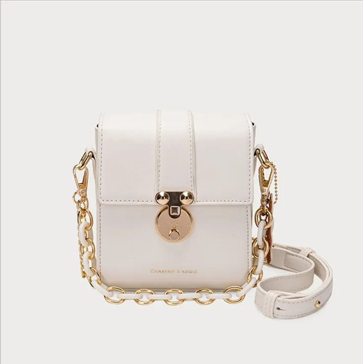

High quality hardware bear lock features creative Crossbody PU Leather Cute Candy Stitching color Women Messenger Bags, White