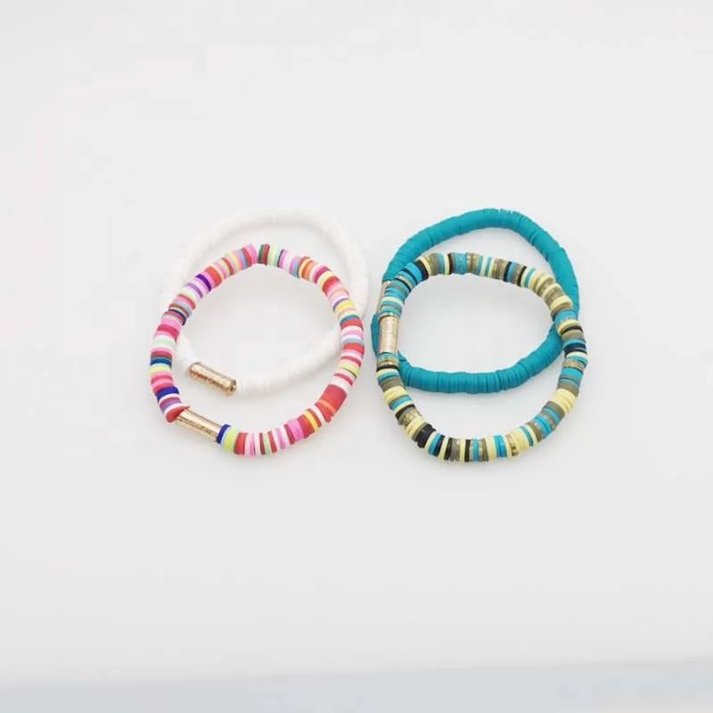 

Bohemia Cross Border Color Bracelet Summer Beach Charm Elastic Soft Ceramic Bracelet 2-piece Set Spot Wholesale, Green dongling jade