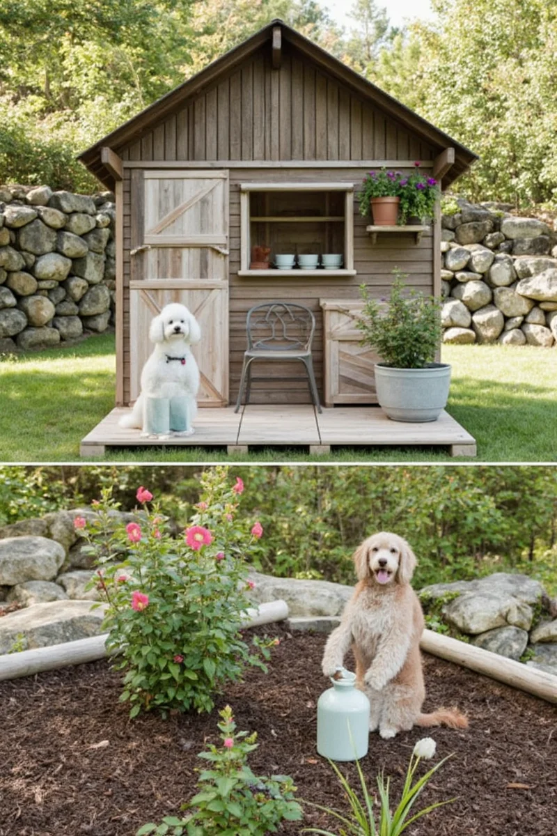 Final view of a finished planting shed with lush plants and two happy pets relaxing inside