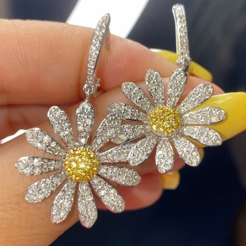 

Wholesale New Yellow Crystal Women Daisy Drop Earrings Statement Ear Jewelry Sunflower Citrine Earrring, Silver