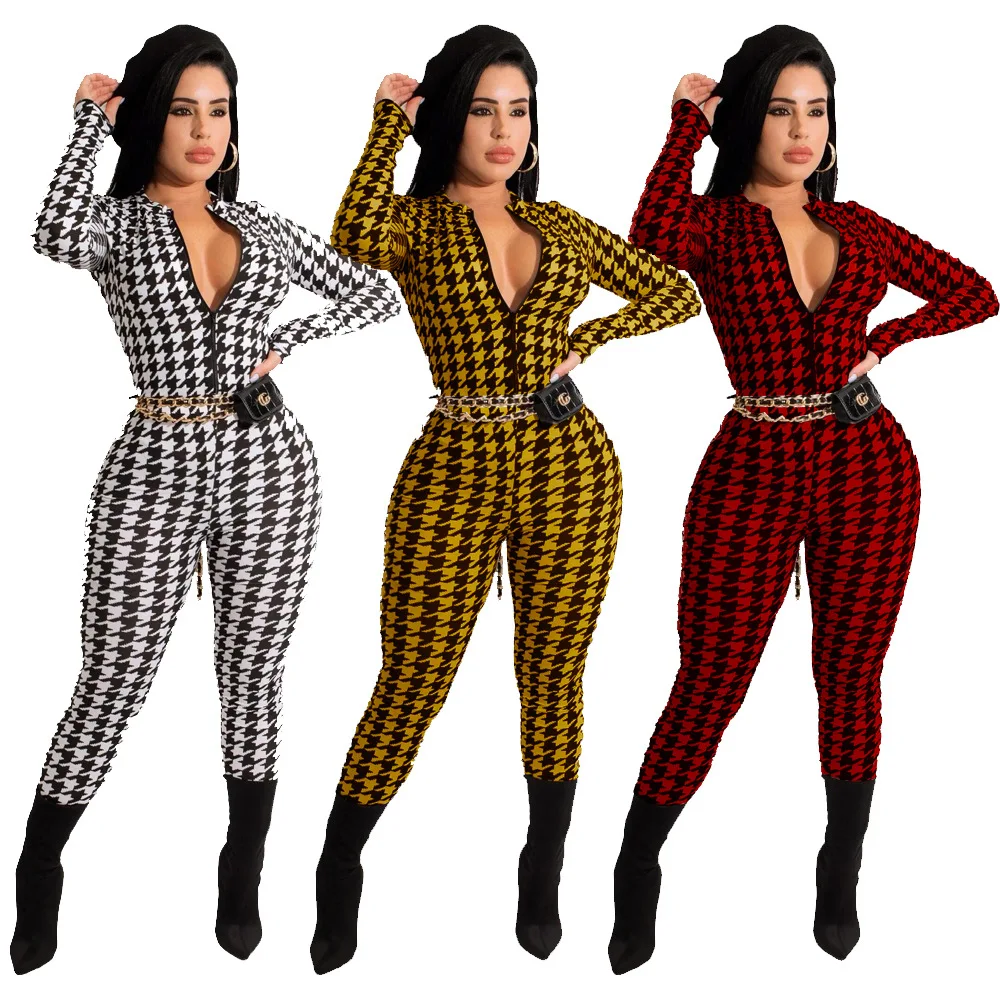 

2022 Womens One Piece Bodycon Jumpsuit Elegant Houndstooth Printed Zipper Long Sleeve Romper Ladies Casual Pants Jumpsuits, Picture