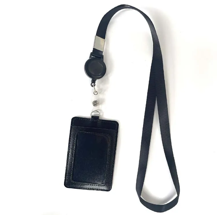 

Wholesale PU Leather Working Badge Holder Plain Black Lanyard With Id Card Badge Holder