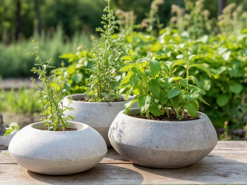 Finished concrete planters with herbs on rustic wooden table