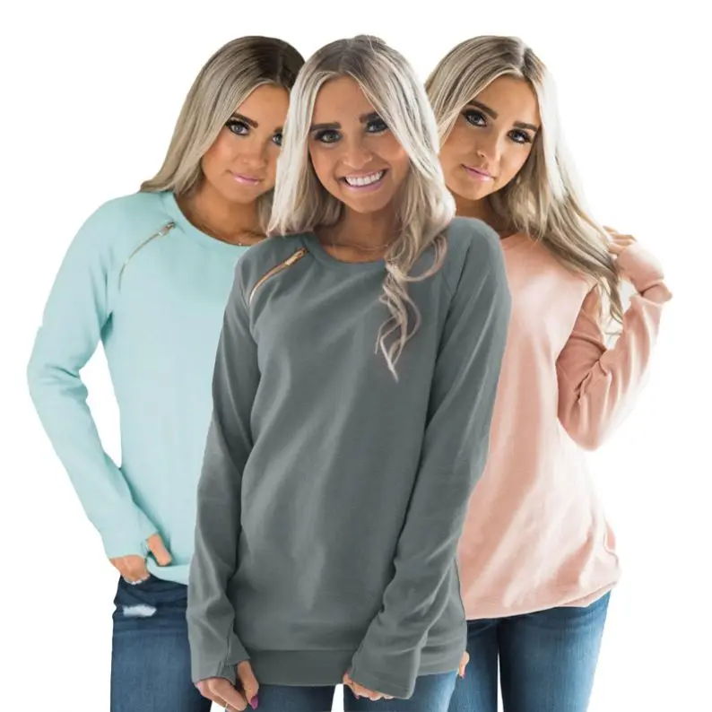 

Custom Logo Hoodie Casual Crew Neck Long Sleeve Solid Color Women Pullover With Zipper