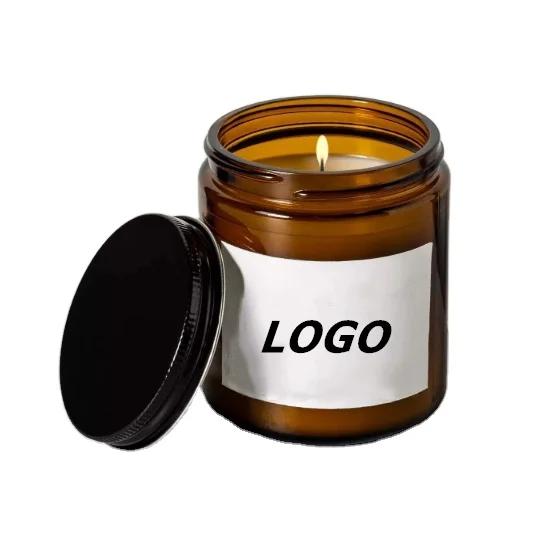 
Custom Logo 8 oz Round Empty Candle Jars Glass Amber With Black Screw Lids For Candle Making 