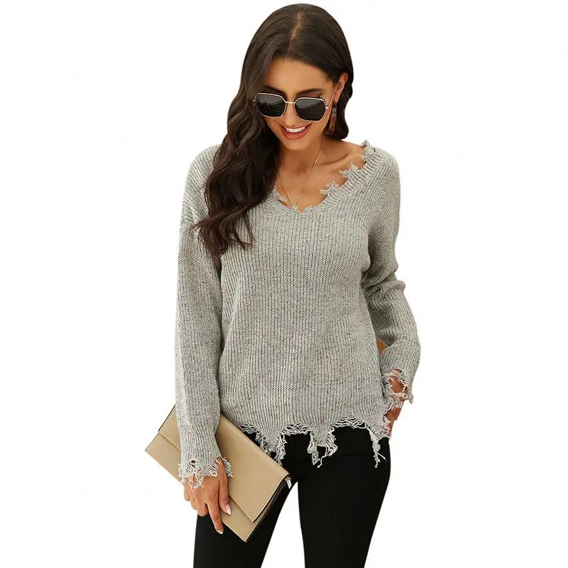 

wholesale facture custom women's sweater 2020 fall winter new colorful dot knitwear ripped V-neck pull-over sweater for women