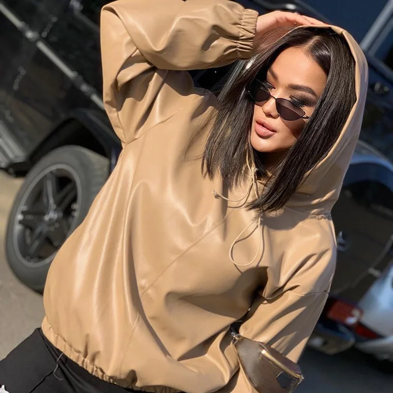 

s340a Sexy worn denim women fleece + Street windproof pure color simple leather versatile round neck hoodie, 2 colors