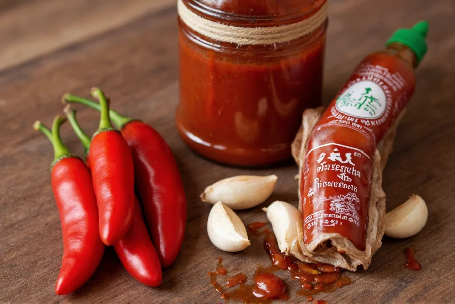 Traditional Thai sriracha bottle next to fresh red jalapeño peppers and garlic cloves showing authentic ingredients