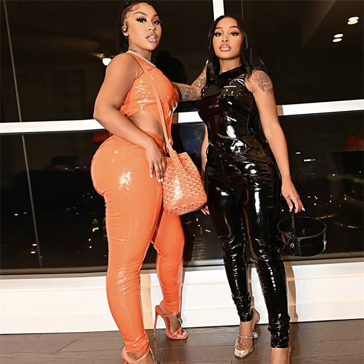 

2021 new arrivals solid color plus size slim pants irregular zipper sleeveless t shirt pu leather suit