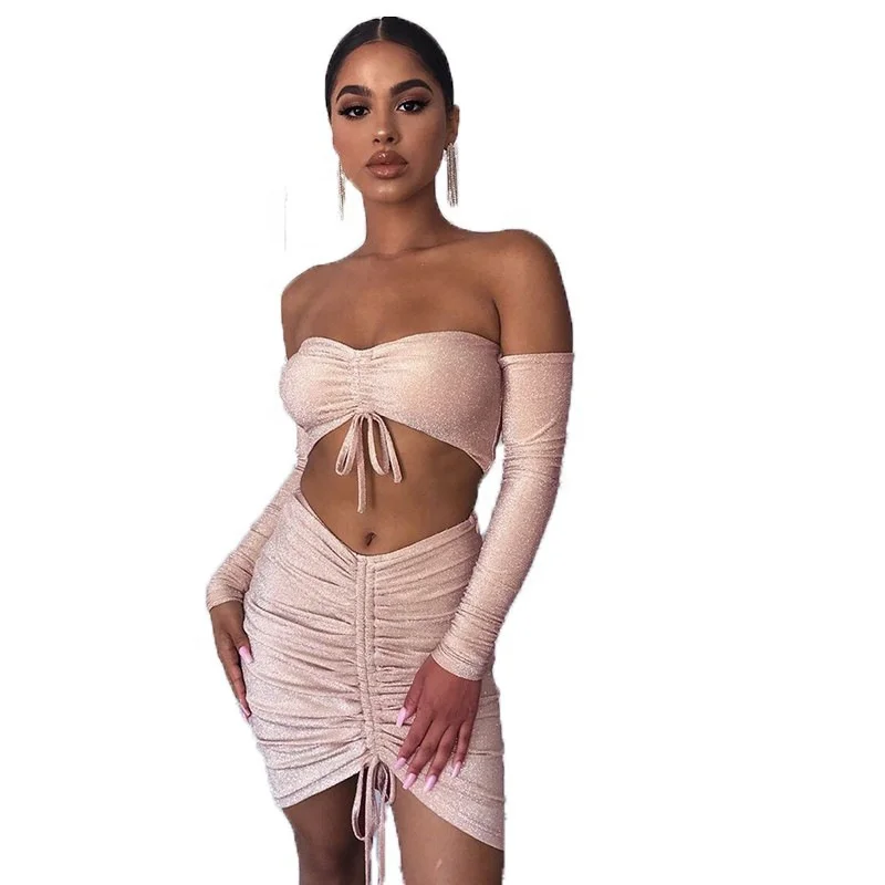

B23840A Autumn Sexy women off-shoulder long sleeve two pieces short skirt Fashion dress
