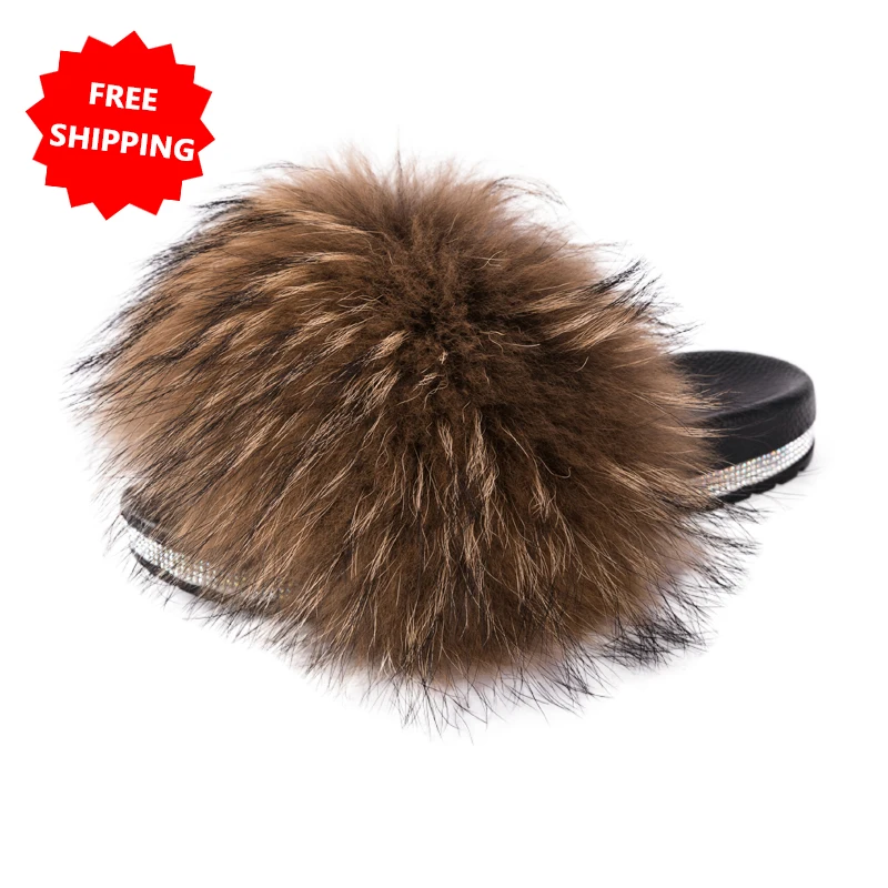 

Fashion fur slides for women New shiny luxury slippers Real raccoon outdoor sandals free shipping, Customized color