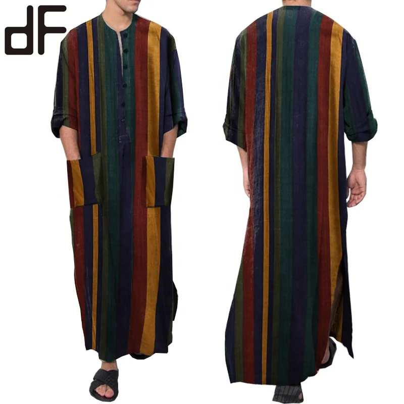 

wholesales arab thawb kaftan qamis thobe for muslim ramadan apparel cotton striped arabian abaya muslim men's robe thobe, As picture