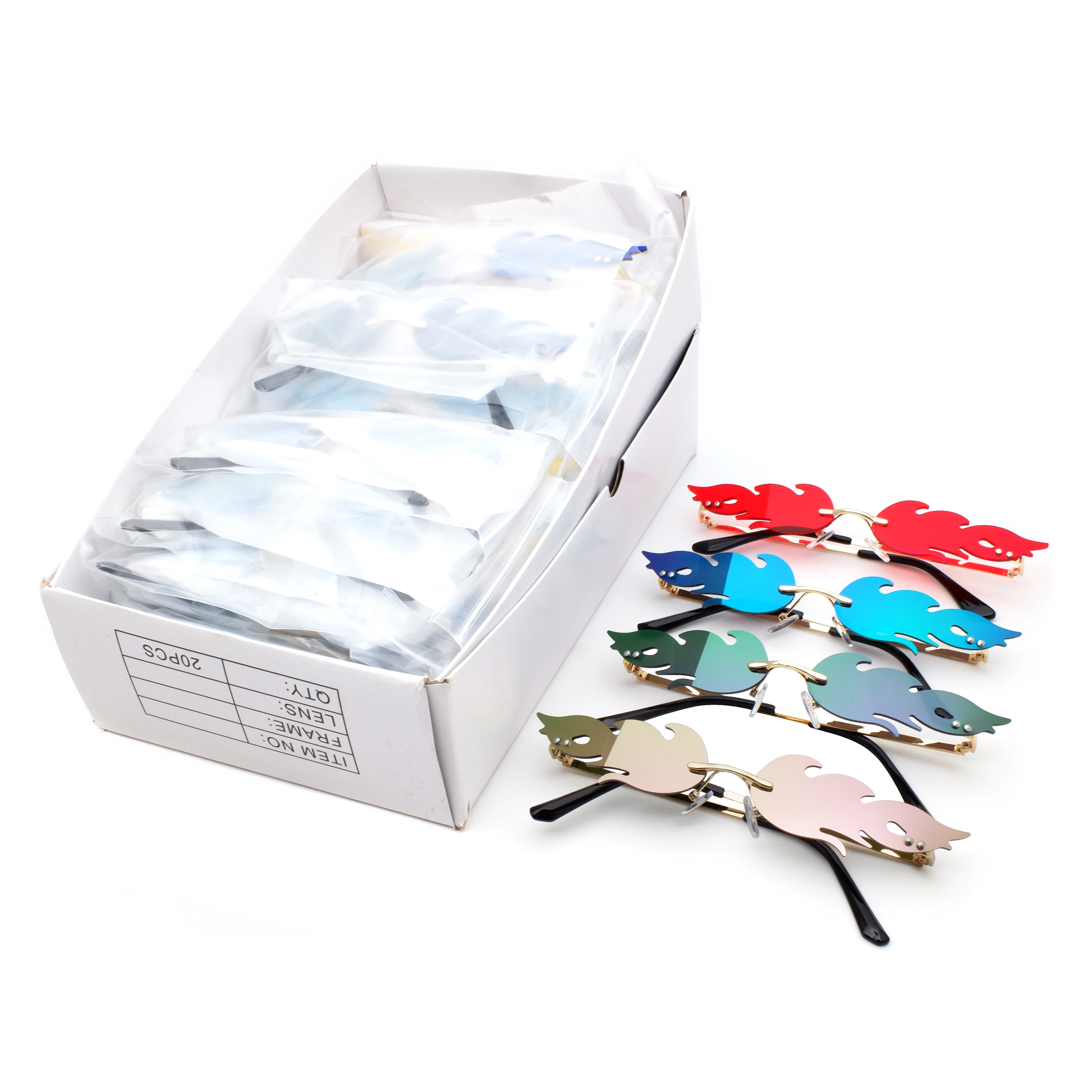 

Big Discount Wholesale 20 pcs/box Flame Fire Shape Women Fashion Sunglasses Metal Small Size Lady Sun Glasses