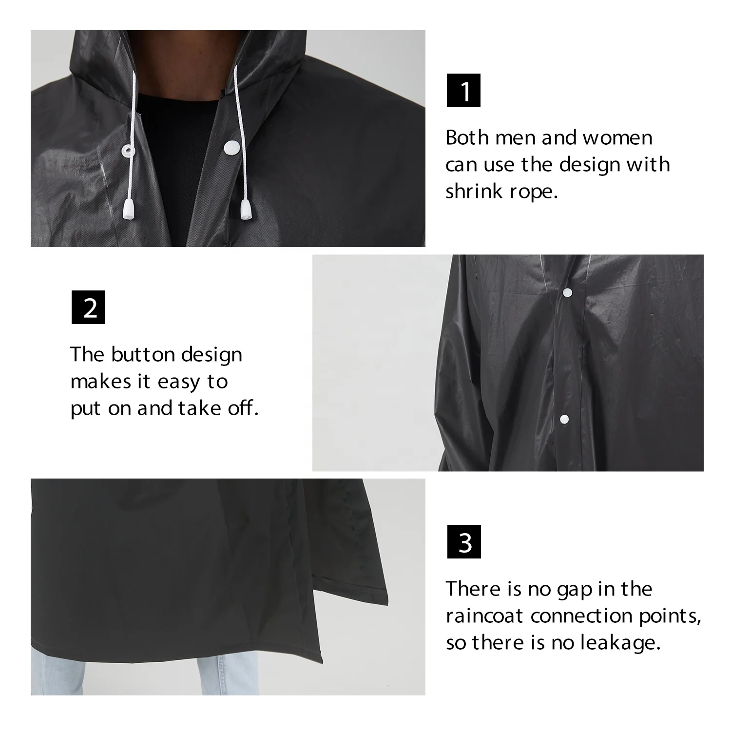 
2 pack black adult rain coat with compact drawstring bag EVA Rain Poncho for Women and Men, Reusable Raincoat 