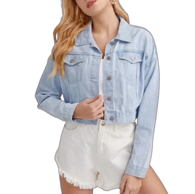 

2021 XiuYu Coat Wholesale High Waist Women Cotton Jeans Jacket Custom Light-Washed Off-Shoulder Denim Jacket