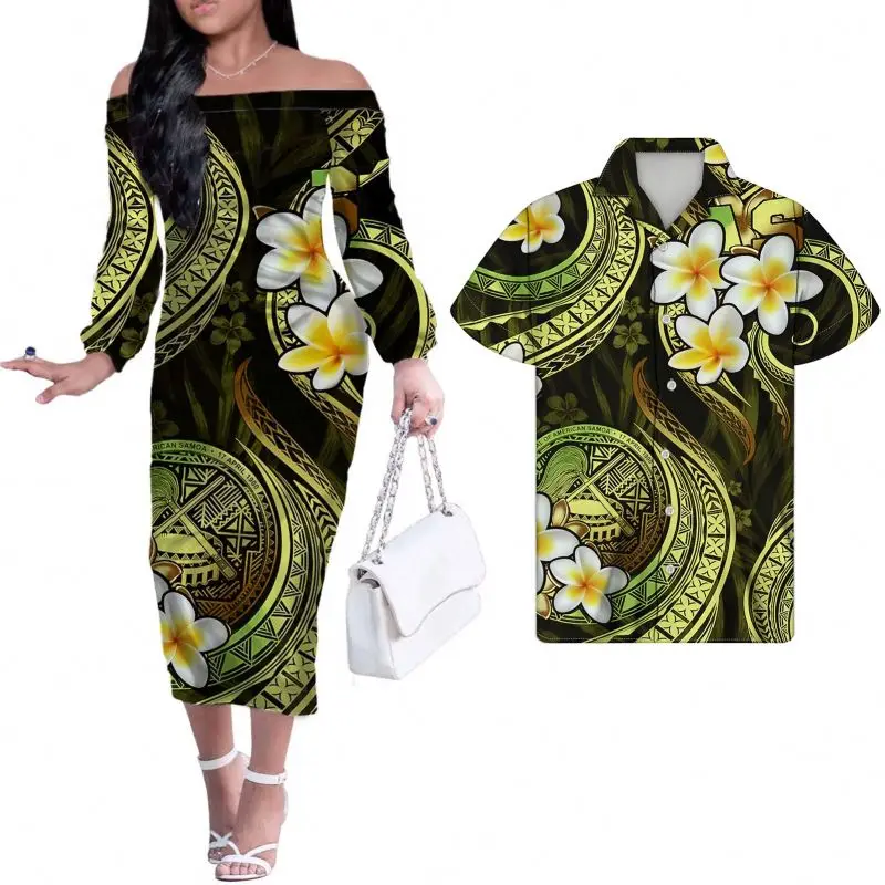 

Matching Clothing For Couple Women Fashion Dresses Samoa Tribal Dark Blue Style With Hibiscus Print Dresses Women Long Sleeve, Customized color