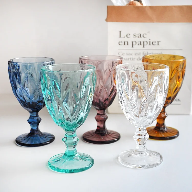 China Factory Glass Crafts Fancy Stemware Colored embossed wine glasses Wedding Supplies