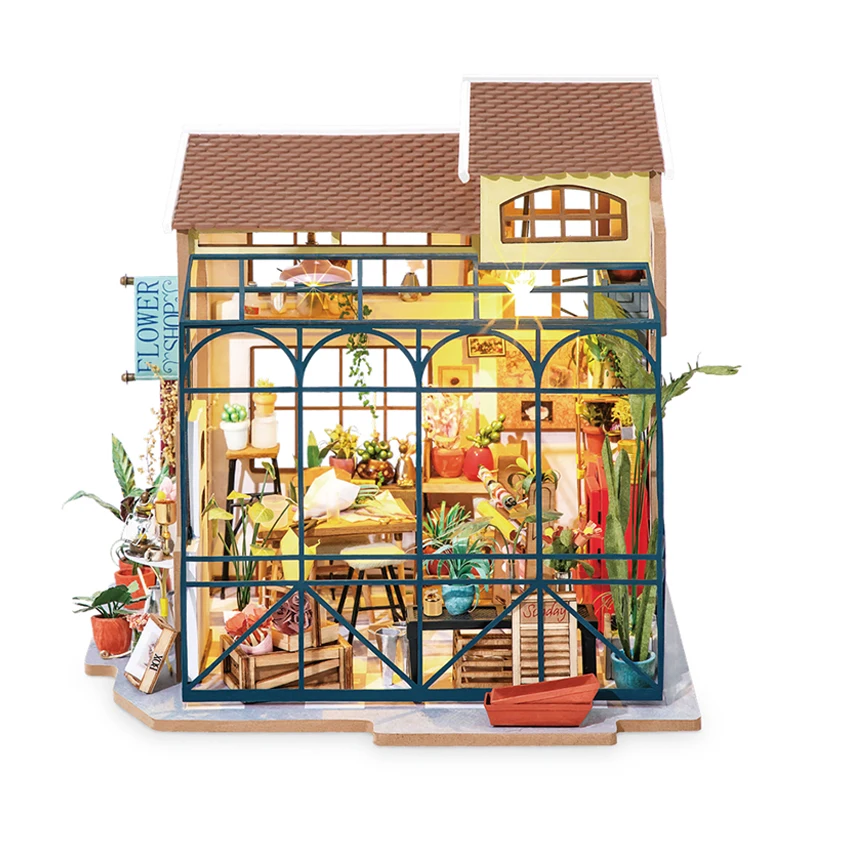 

Robotime Rolife 2022 Diy Miniature House Kit DG145 Emily's Flower Shop Wooden Handmade Doll House Puzzle