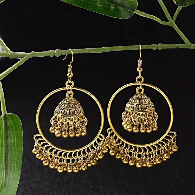 

Vintage Ethnic Female Antique Gold Silver Indian Style Lanterns Bells Tassel Chandelier Drop Earrings For Women, As shown