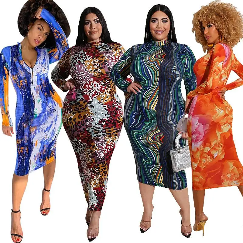 

printed maxi dress tight-fitting long sleeve women's plus size dresses