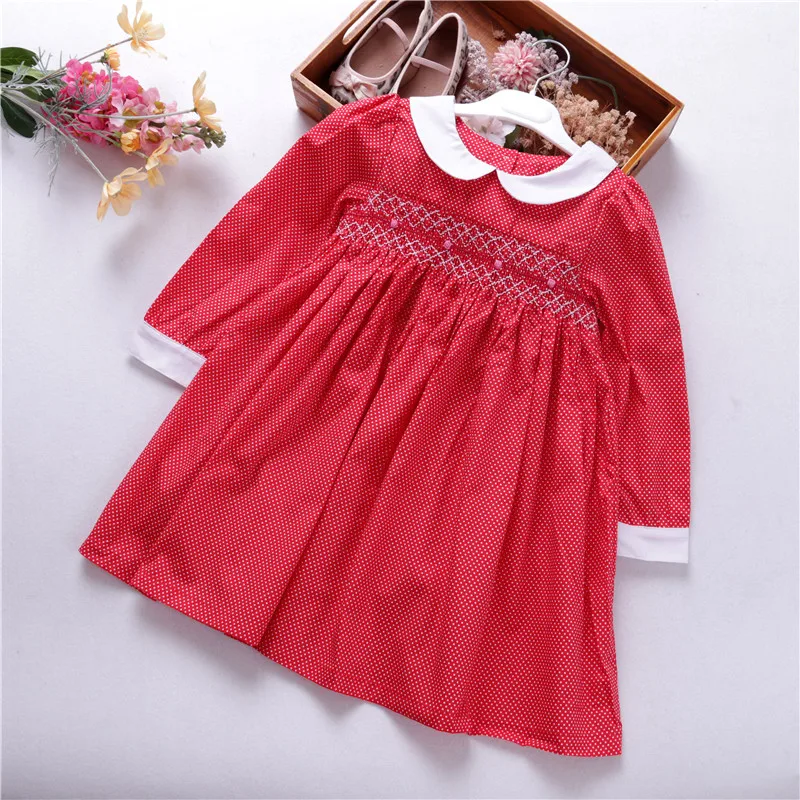 

baby smocked clothing gri dress red long sleeve spring children wholesale kids clothes baby frock hand made