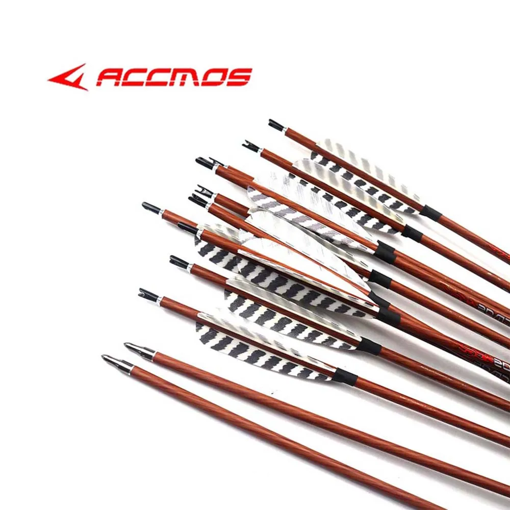 

ACCMOS 32 inch Wood Skin Full Carbon Arrows Spine 400--700 With Turkey Feather for Compound/Recurve Bow and Arrow Hunting