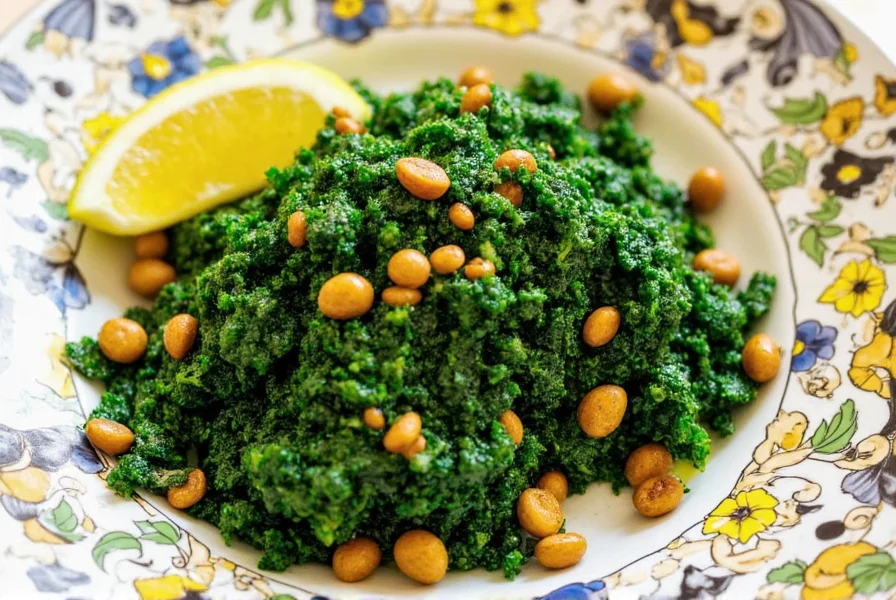 Spices arranged around a bowl of cooked African greens