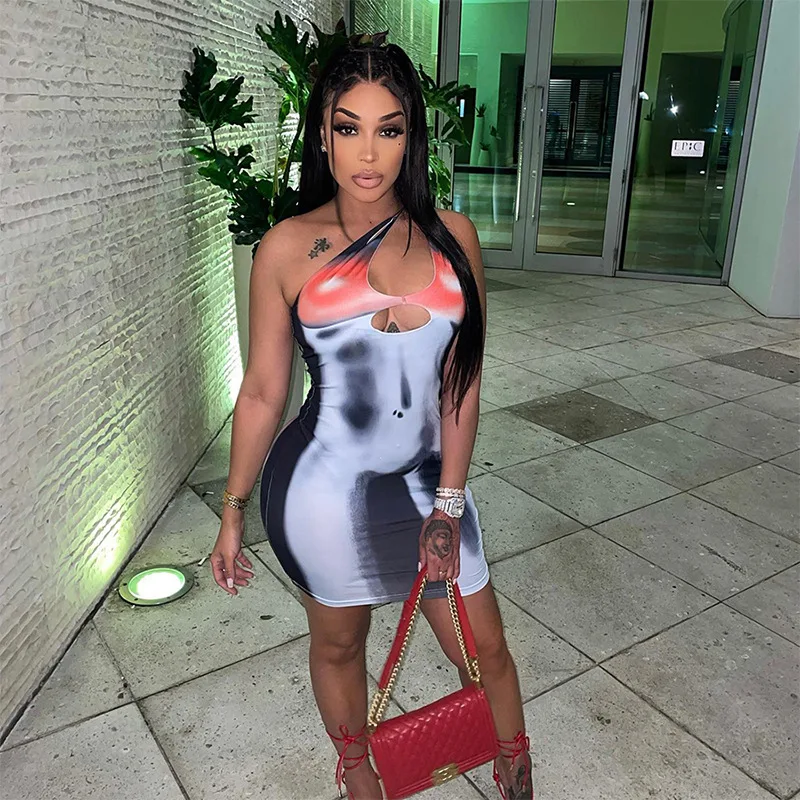 

2022 M04509 - fashion slopping shoulder hollow out printed women dresses