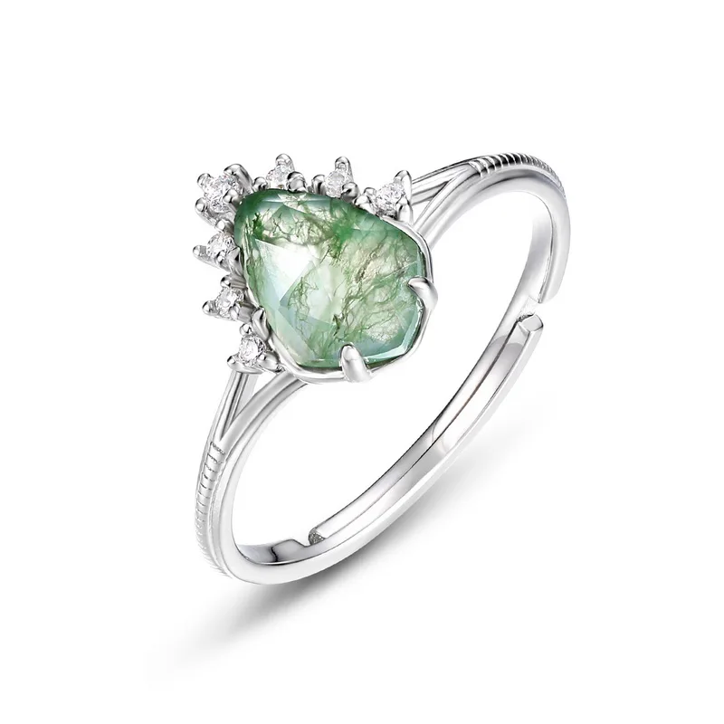 S925 Sterling Silver Pear Cut Green Moss Agate Adjustable Ring CZ Cluster Accent Vintage Dainty Statement Ring for Women