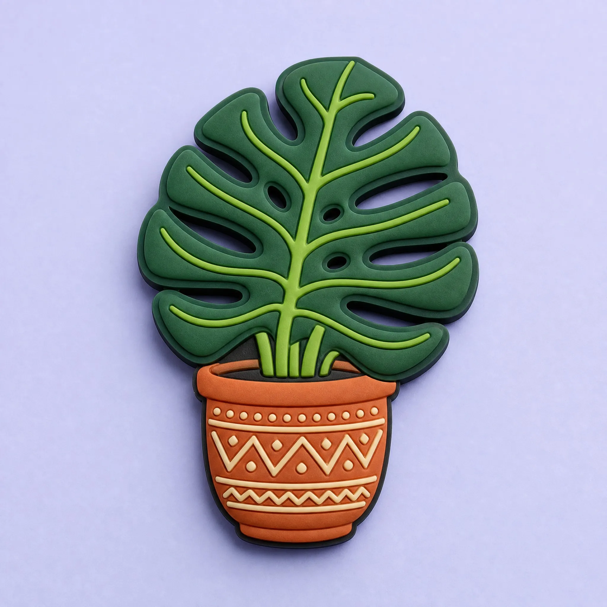 Macro Front View of 3D Soft PVC Monstera Leaf Magnet with Aztec Terracotta Pot Pattern