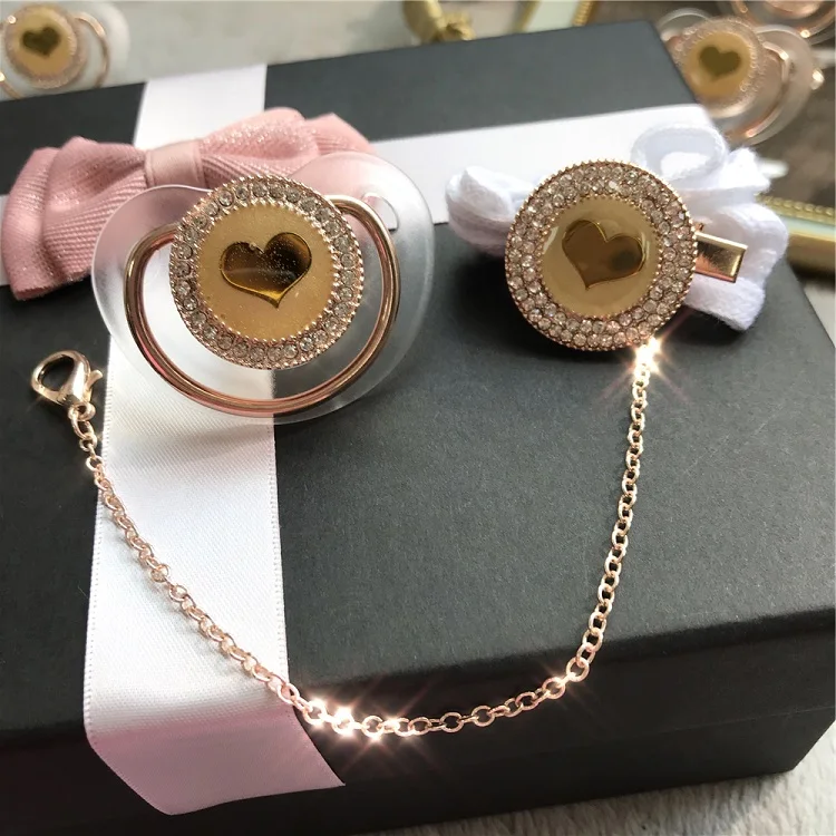 

Luxury Rose Gold Infant Paciifier Feeder Shiny Heart Baby Soother Chain for Boy Girls