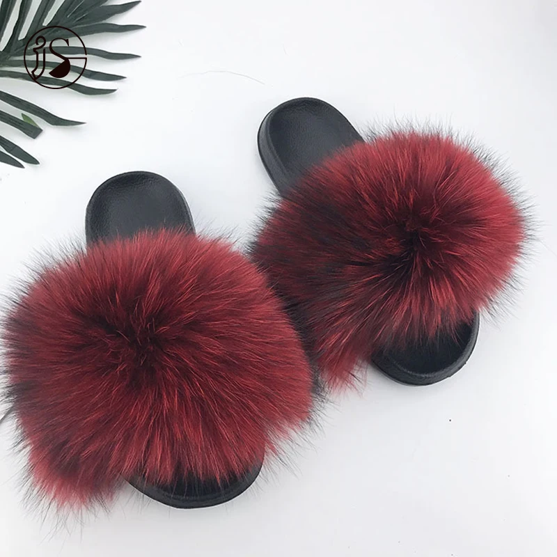 

2021 Hot Design Various Styles furry sandals Soft real big raccoon fur slippers Comfy women fur slides, Picture