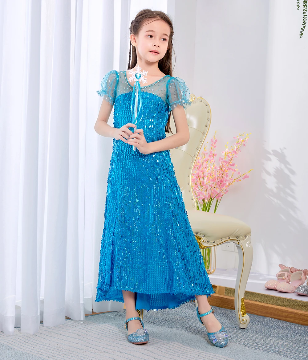 

MQATZ Wholesale elsa princess anna costumechristmas halloween party dresses for kids girls cartoon fancy sequin dress, Blue white