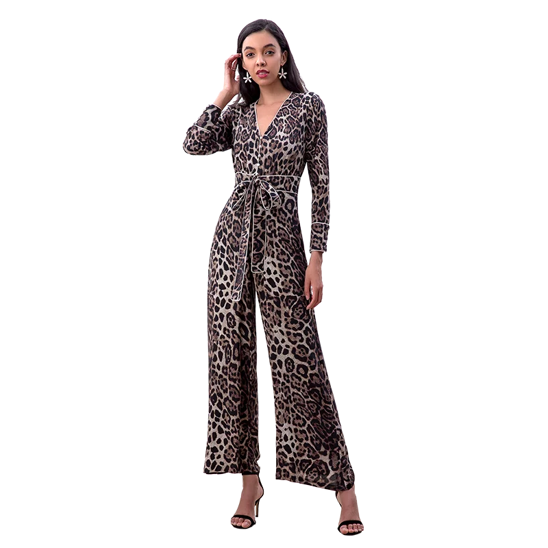 

R171 fall 2021 women clothes fashion long sleeve loose Leopard v-neck women elegant jumpsuits women