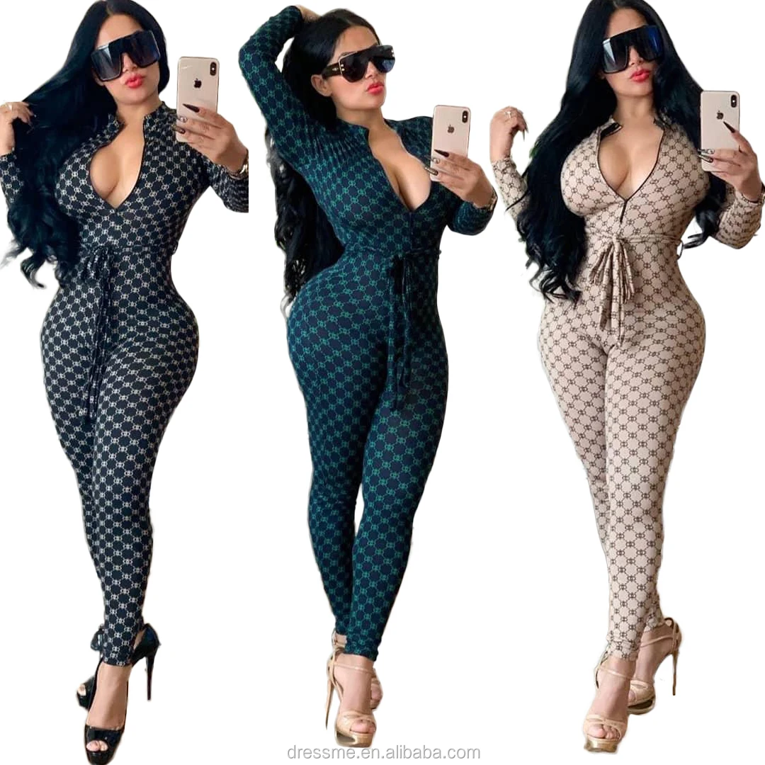 

MT19-222 Sexy deep V-neck waist belts slim one piece bodycon jumpsuit for women