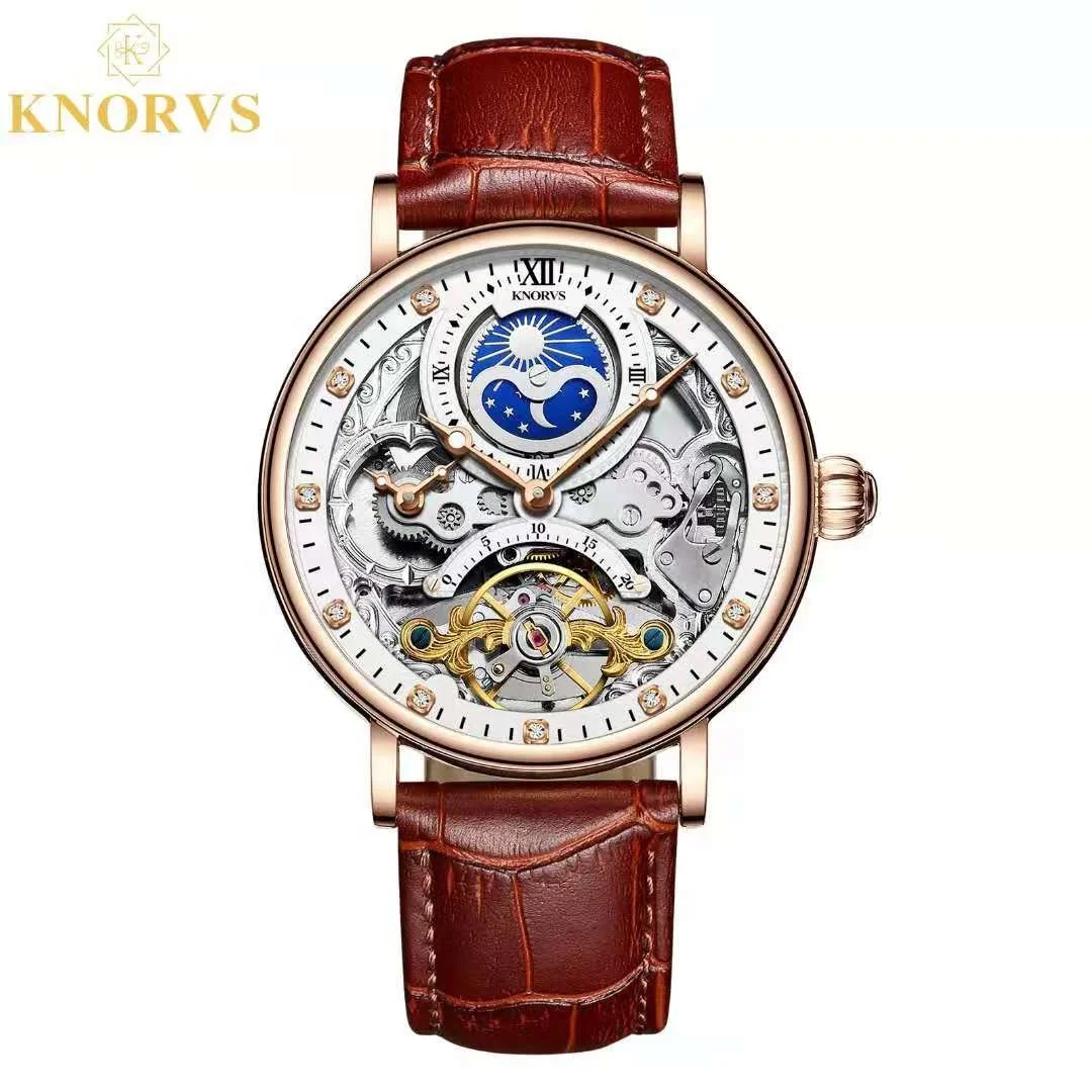 

KNORVS Switzerland brand custom logoItalian Genuine Leather Tourbillon movement mechanical watches luxury wrist watches