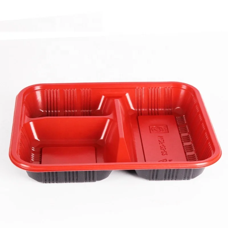 

Microwavable Environment-friendly Plastic Takeaway 3 Compartment Bento Disposable Lunch Box, Box:reddish black;lid:transparent